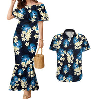 Blue Tropical Hawaii Couples Matching Mermaid Dress and Hawaiian Shirt Seamless Monstera Plumeria Hawaiian Pattern - Polynesian Pride