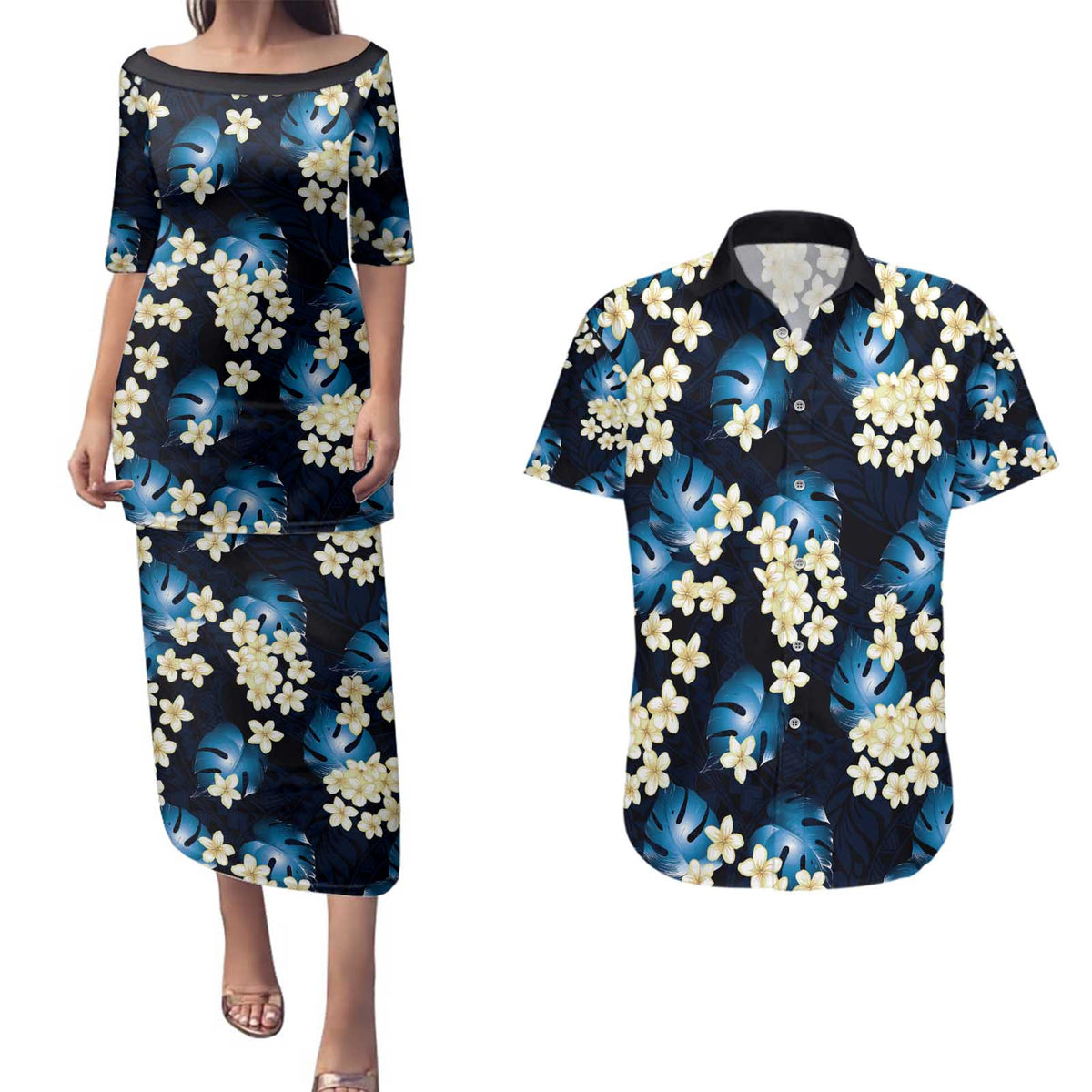 Blue Tropical Hawaii Couples Matching Puletasi and Hawaiian Shirt Seamless Monstera Plumeria Hawaiian Pattern - Polynesian Pride