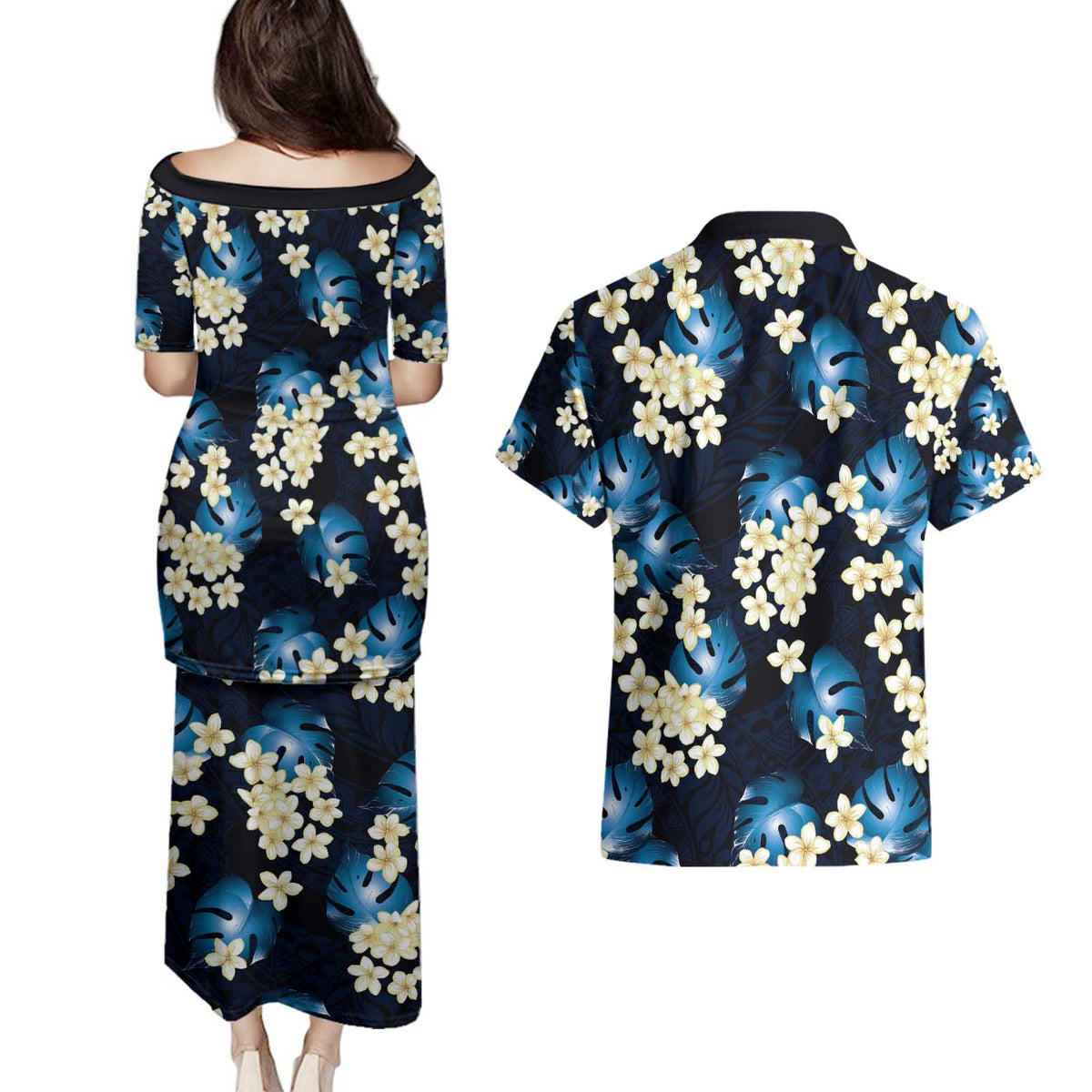 Blue Tropical Hawaii Couples Matching Puletasi and Hawaiian Shirt Seamless Monstera Plumeria Hawaiian Pattern - Polynesian Pride