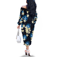 Blue Tropical Hawaii Family Matching Off The Shoulder Long Sleeve Dress and Hawaiian Shirt Seamless Monstera Plumeria Hawaiian Pattern - Polynesian Pride