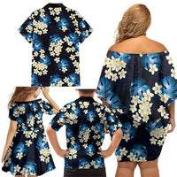 Blue Tropical Hawaii Family Matching Off Shoulder Short Dress and Hawaiian Shirt Seamless Monstera Plumeria Hawaiian Pattern - Polynesian Pride