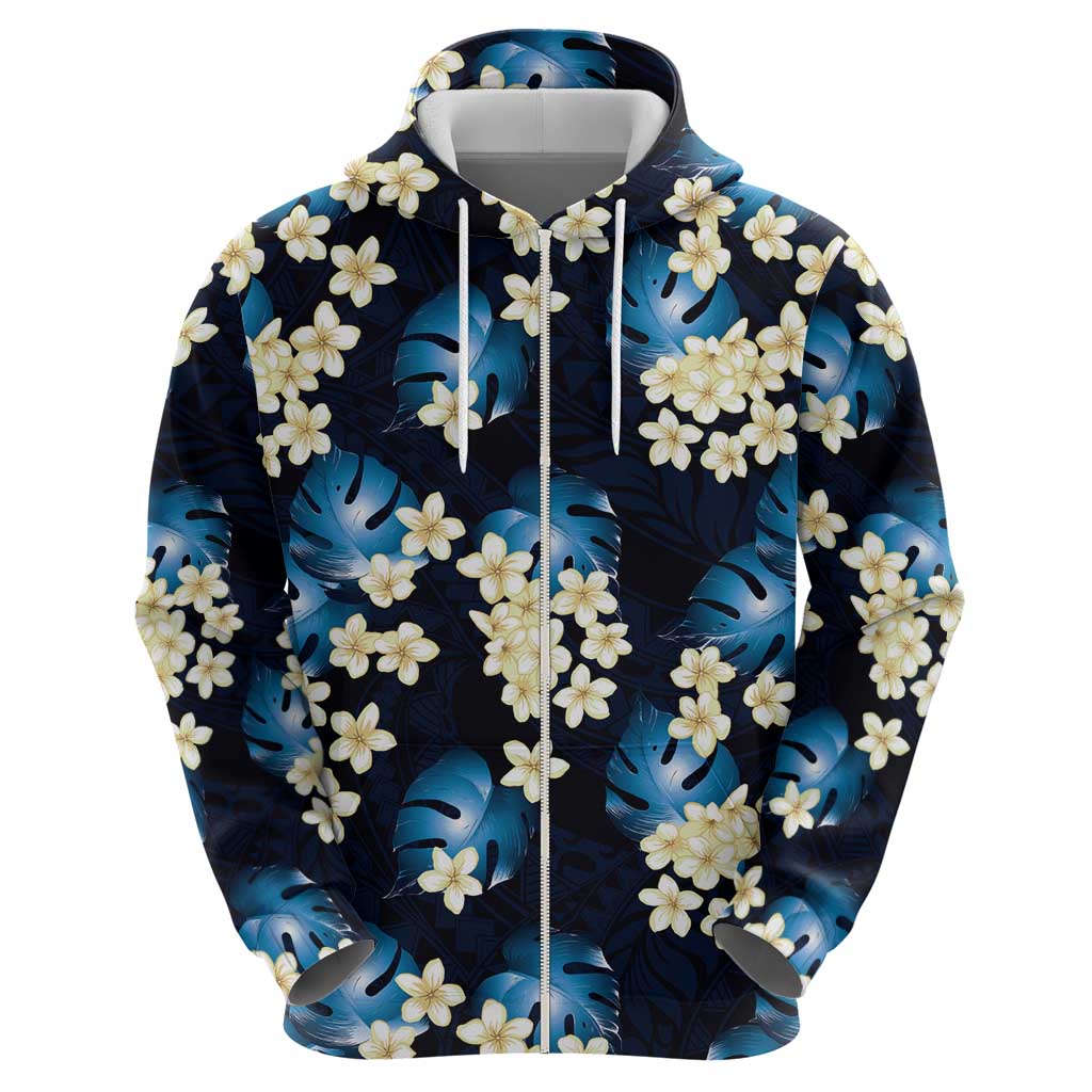 Blue Tropical Hawaii Hoodie Seamless Monstera Plumeria Hawaiian Pattern - Polynesian Pride