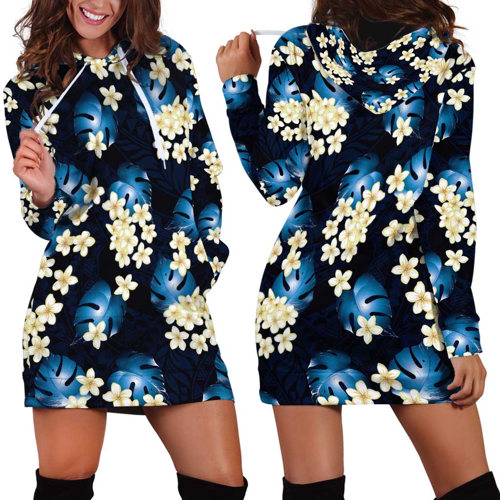 Blue Tropical Hawaii Hoodie Dress Seamless Monstera Plumeria Hawaiian Pattern - Polynesian Pride