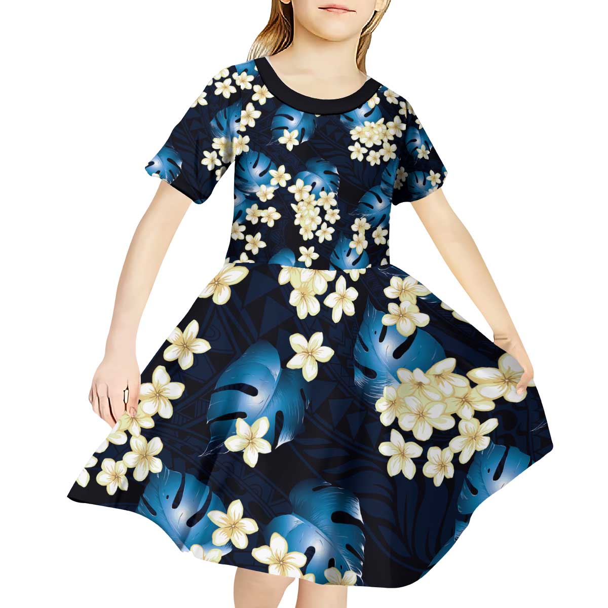 Blue Tropical Hawaii Kid Short Sleeve Dress Seamless Monstera Plumeria Hawaiian Pattern - Polynesian Pride
