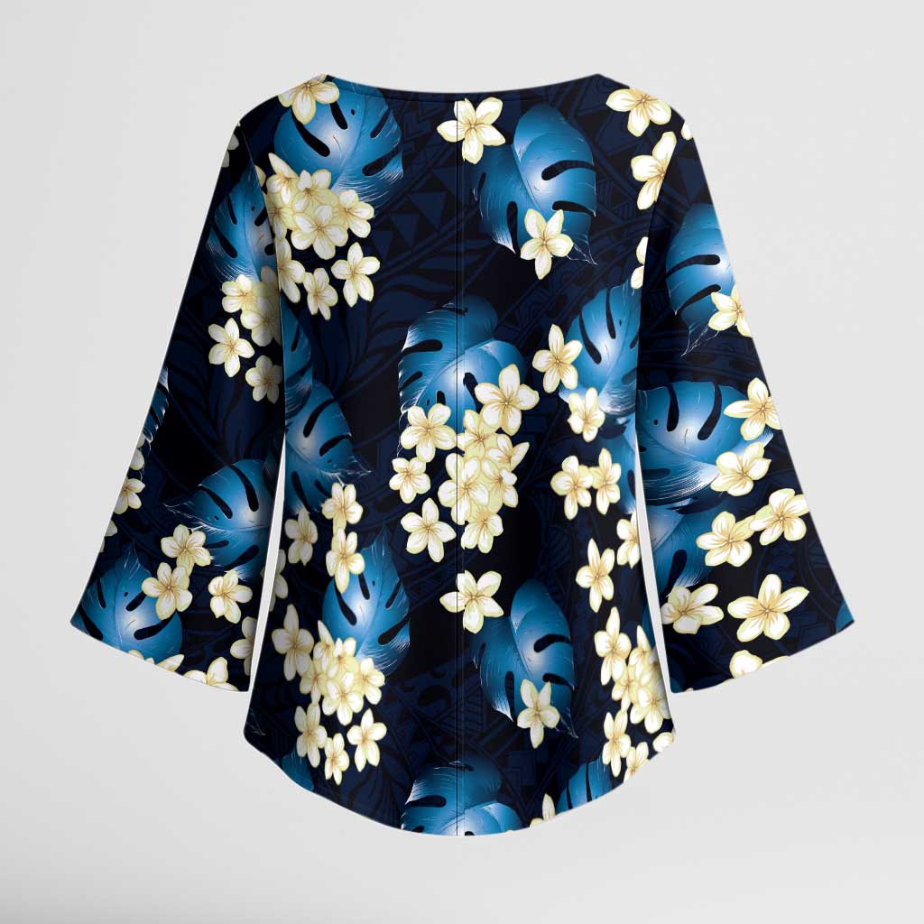 Blue Tropical Hawaii Kimono Sleeve Blouse Seamless Monstera Plumeria Hawaiian Pattern - Polynesian Pride