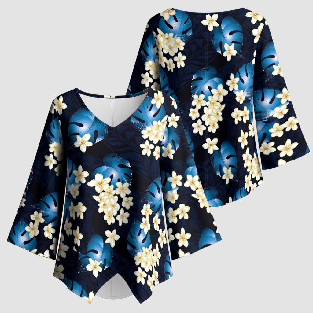 Blue Tropical Hawaii Kimono Sleeve Blouse Seamless Monstera Plumeria Hawaiian Pattern - Polynesian Pride