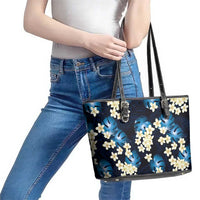 Blue Tropical Hawaii Leather Tote Bag Seamless Monstera Plumeria Hawaiian Pattern - Polynesian Pride