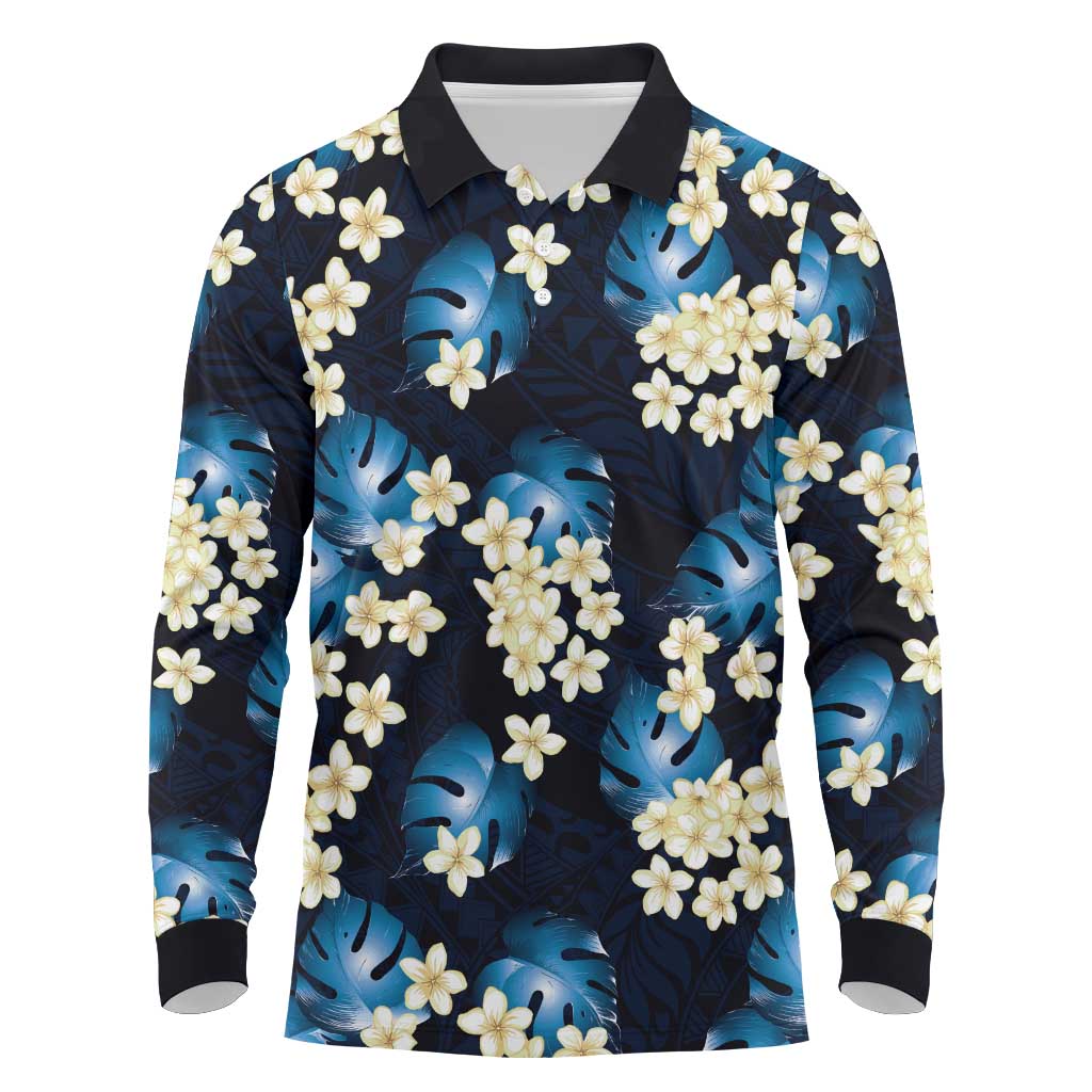 Blue Tropical Hawaii Long Sleeve Polo Shirt Seamless Monstera Plumeria Hawaiian Pattern - Polynesian Pride
