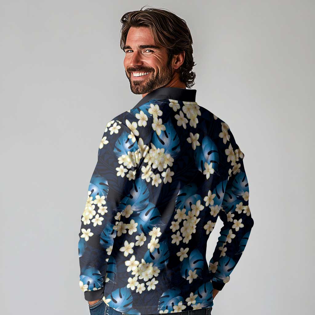 Blue Tropical Hawaii Long Sleeve Polo Shirt Seamless Monstera Plumeria Hawaiian Pattern - Polynesian Pride