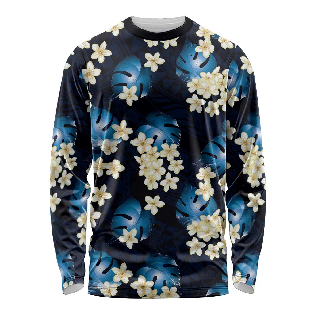 Blue Tropical Hawaii Long Sleeve Shirt Seamless Monstera Plumeria Hawaiian Pattern - Polynesian Pride
