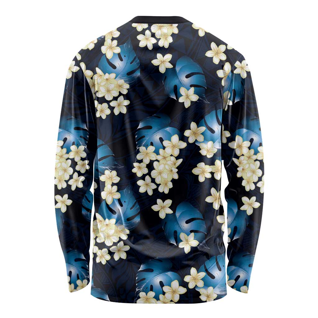 Blue Tropical Hawaii Long Sleeve Shirt Seamless Monstera Plumeria Hawaiian Pattern - Polynesian Pride