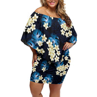 Blue Tropical Hawaii Off Shoulder Short Dress Seamless Monstera Plumeria Hawaiian Pattern - Polynesian Pride