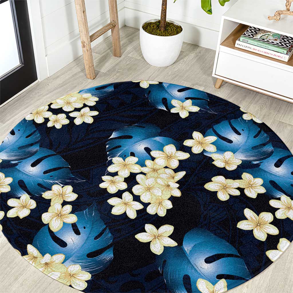 Blue Tropical Hawaii Round Carpet Seamless Monstera Plumeria Hawaiian Pattern - Polynesian Pride