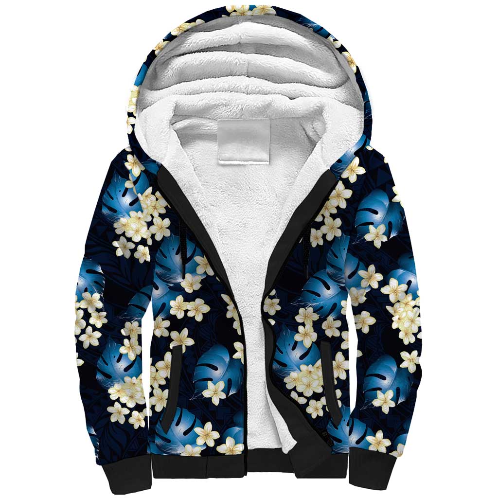 Blue Tropical Hawaii Sherpa Hoodie Seamless Monstera Plumeria Hawaiian Pattern - Polynesian Pride