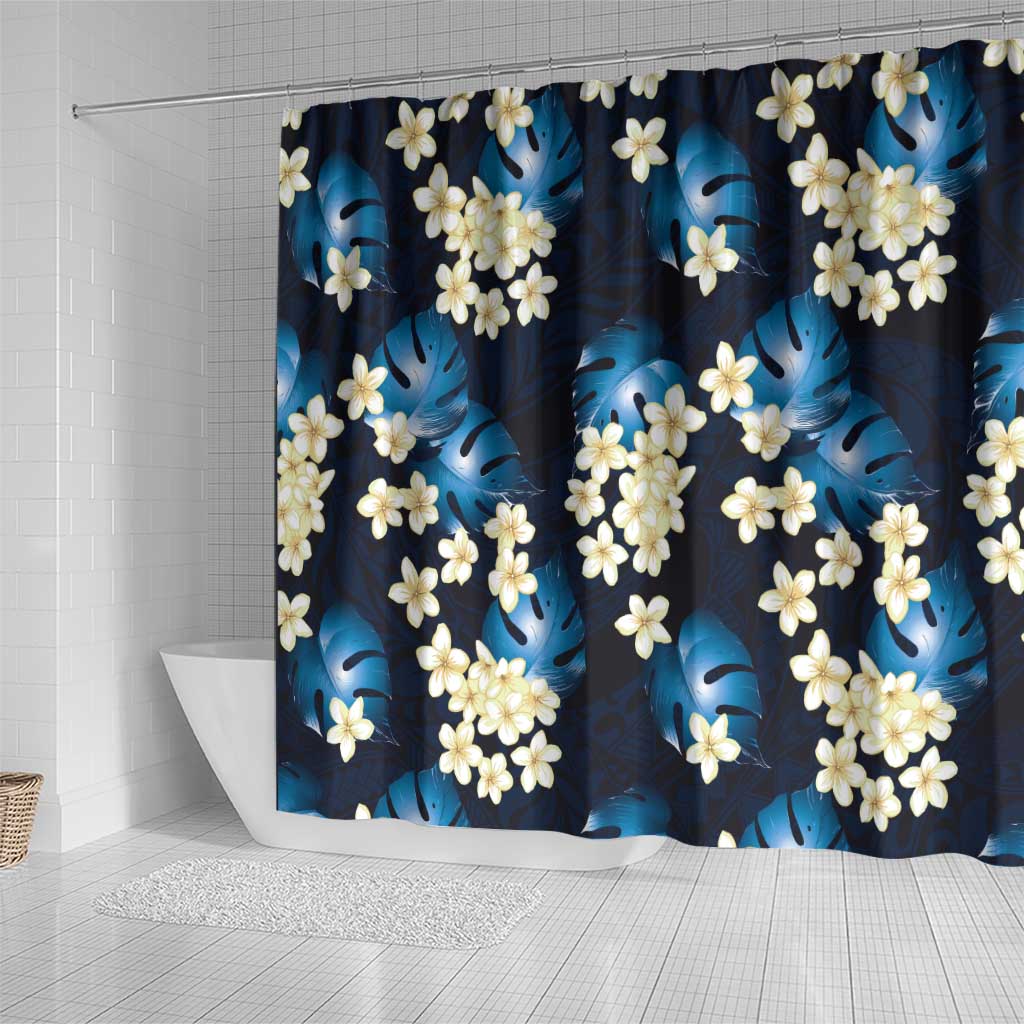 Blue Tropical Hawaii Shower Curtain Seamless Monstera Plumeria Hawaiian Pattern - Polynesian Pride