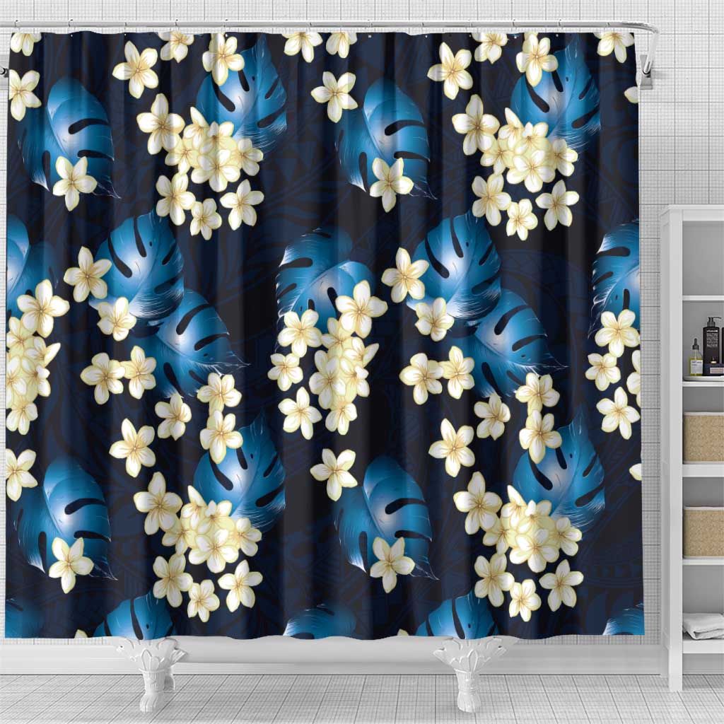 Blue Tropical Hawaii Shower Curtain Seamless Monstera Plumeria Hawaiian Pattern - Polynesian Pride