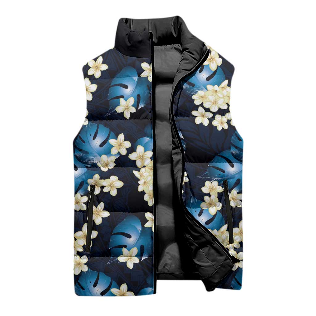 Blue Tropical Hawaii Sleeveless Puffer Jacket Seamless Monstera Plumeria Hawaiian Pattern LT14 - Polynesian Pride