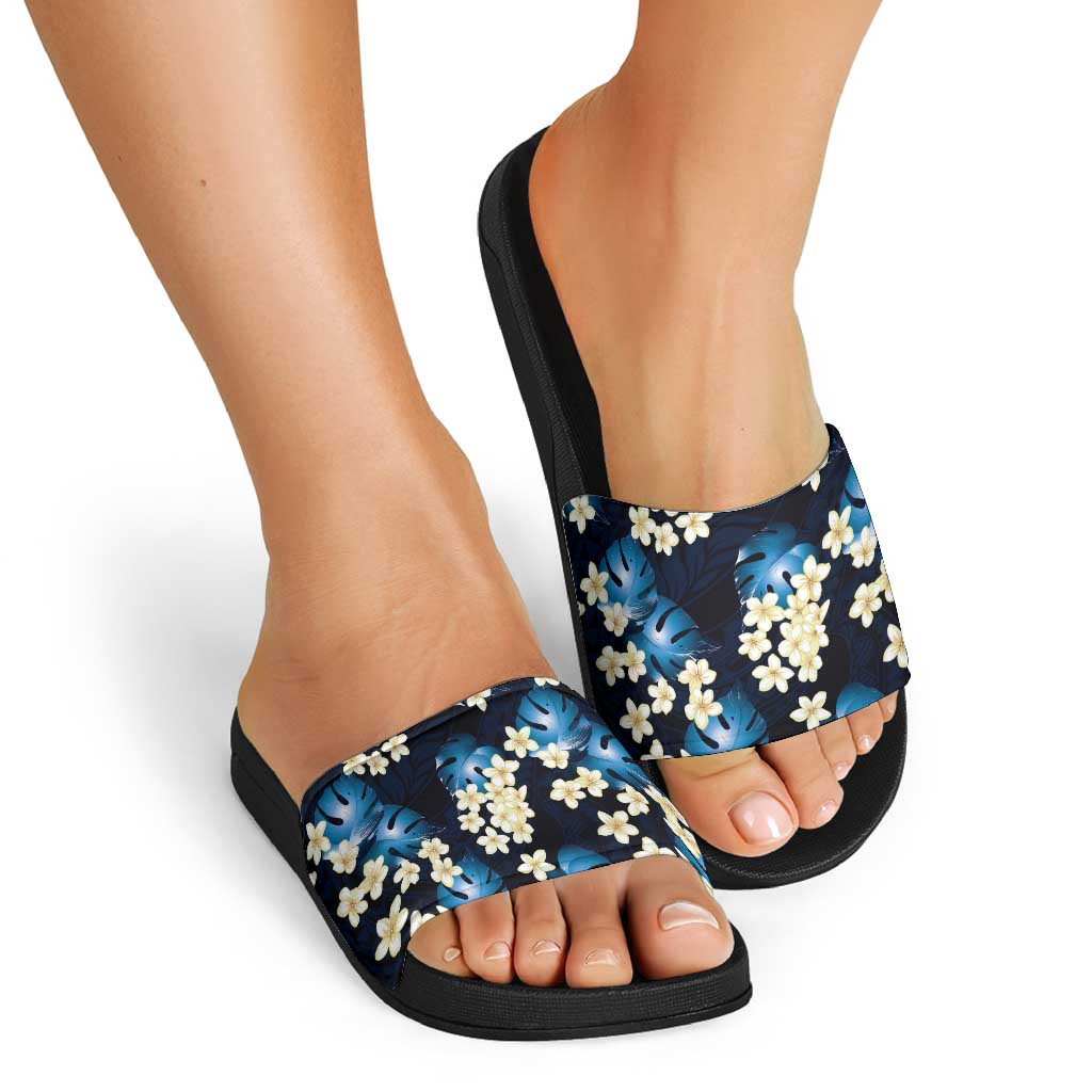 Blue Tropical Hawaii Slide Sandals Seamless Monstera Plumeria Hawaiian Pattern - Polynesian Pride