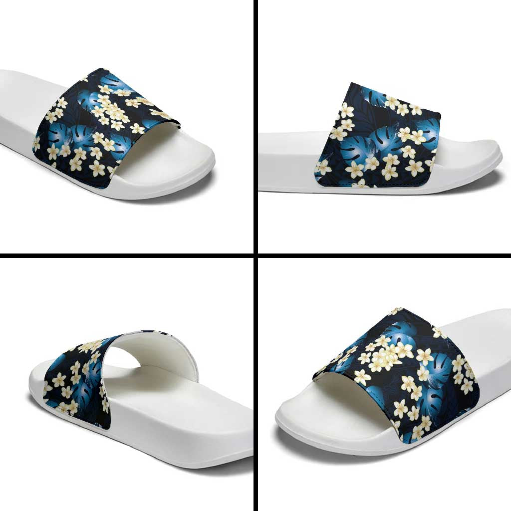 Blue Tropical Hawaii Slide Sandals Seamless Monstera Plumeria Hawaiian Pattern - Polynesian Pride