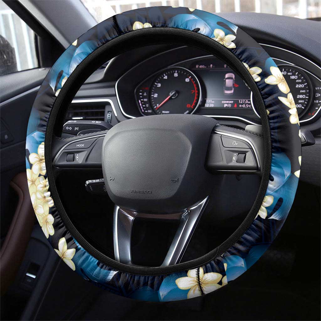 Blue Tropical Hawaii Steering Wheel Cover Seamless Monstera Plumeria Hawaiian Pattern - Polynesian Pride