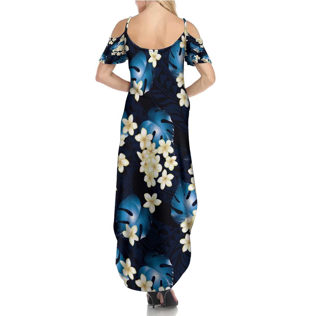 Blue Tropical Hawaii Summer Maxi Dress Seamless Monstera Plumeria Hawaiian Pattern - Polynesian Pride