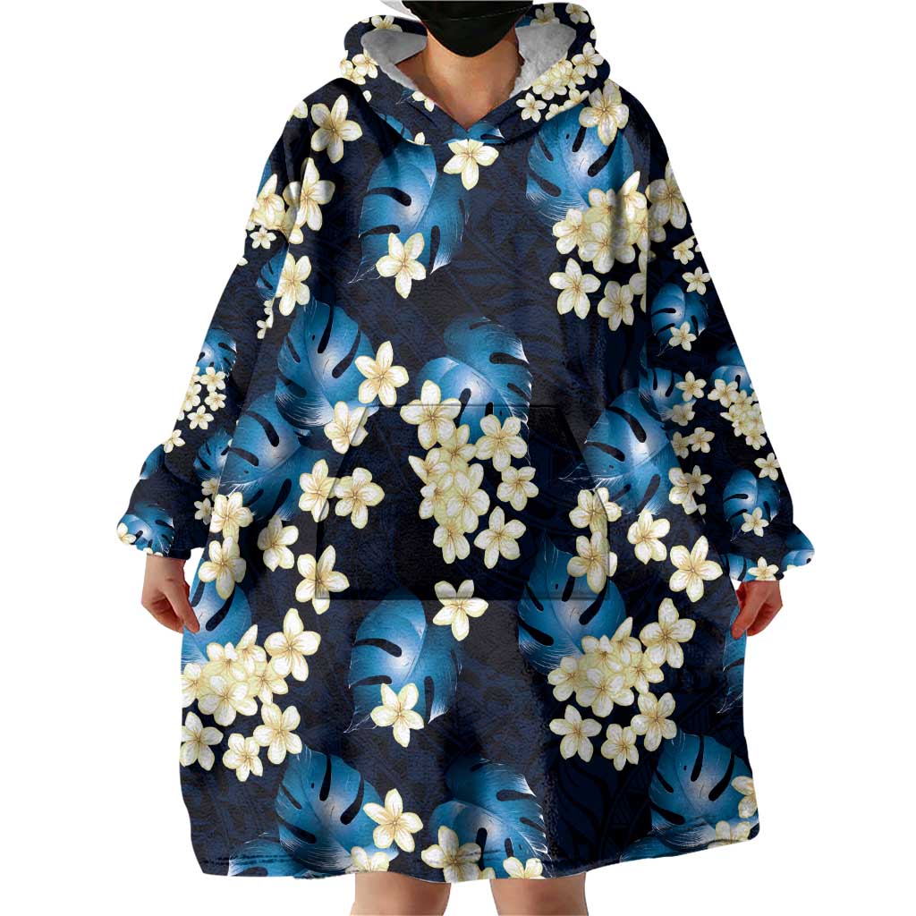 Blue Tropical Hawaii Wearable Blanket Hoodie Seamless Monstera Plumeria Hawaiian Pattern - Polynesian Pride