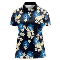 Blue Tropical Hawaii Women Polo Shirt Seamless Monstera Plumeria Hawaiian Pattern - Polynesian Pride
