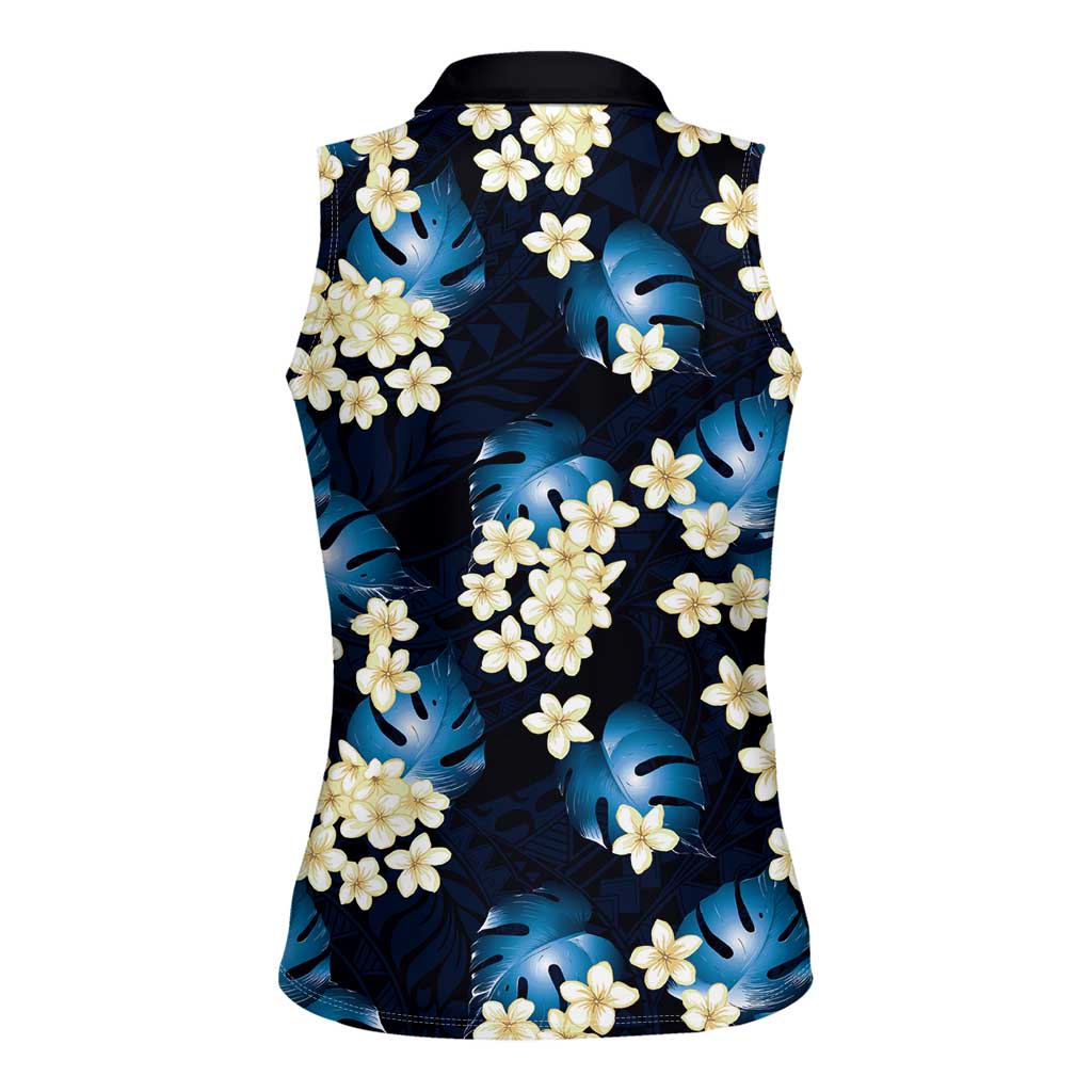 Blue Tropical Hawaii Women Sleeveless Polo Shirt Seamless Monstera Plumeria Hawaiian Pattern - Polynesian Pride