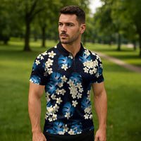 Blue Tropical Hawaii Zipper Polo Shirt Seamless Monstera Plumeria Hawaiian Pattern - Polynesian Pride
