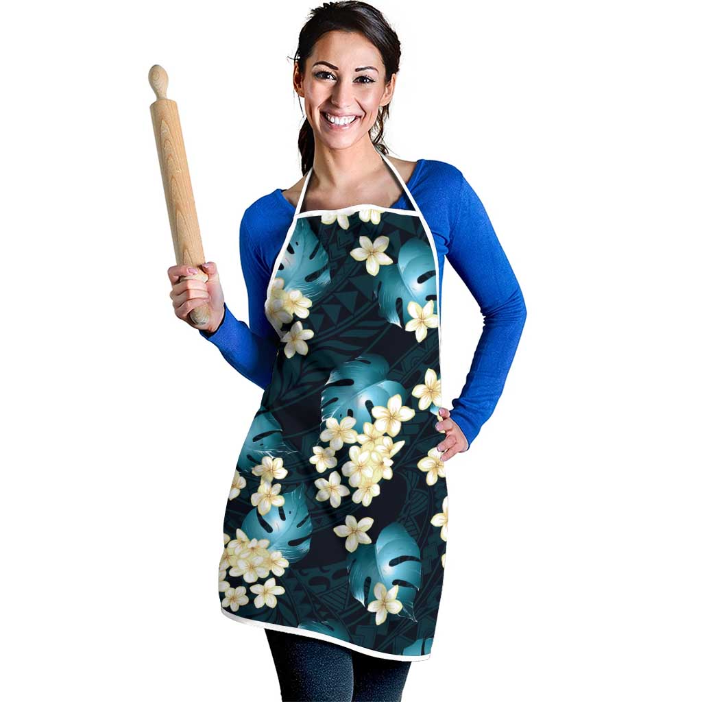 Dark Cyan Tropical Hawaii Apron Seamless Monstera Plumeria Hawaiian Pattern - Polynesian Pride