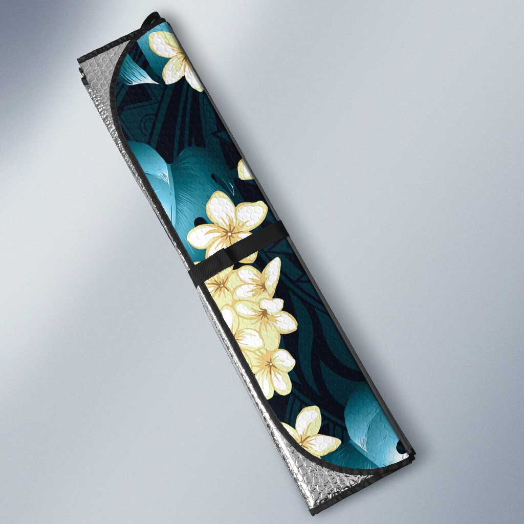 Dark Cyan Tropical Hawaii Auto Sun Shade Seamless Monstera Plumeria Hawaiian Pattern - Polynesian Pride