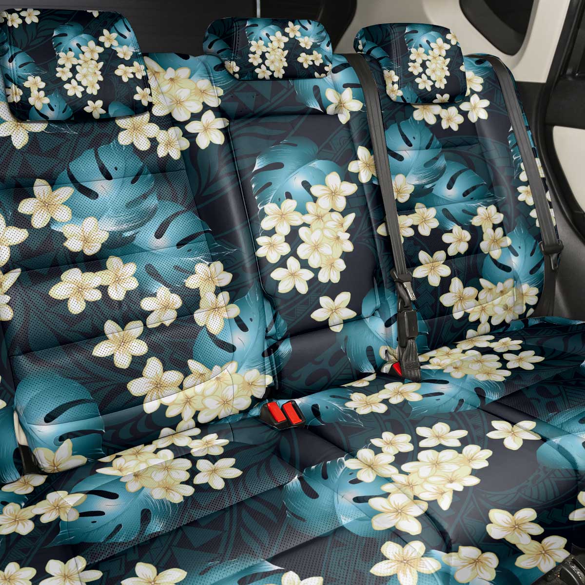 Dark Cyan Tropical Hawaii Back Car Seat Cover Seamless Monstera Plumeria Hawaiian Pattern - Polynesian Pride