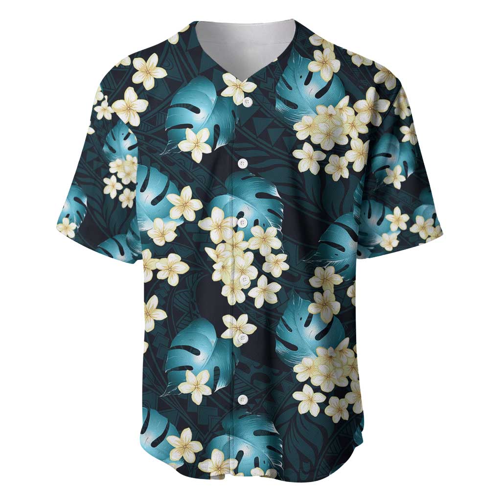 Dark Cyan Tropical Hawaii Baseball Jersey Seamless Monstera Plumeria Hawaiian Pattern - Polynesian Pride