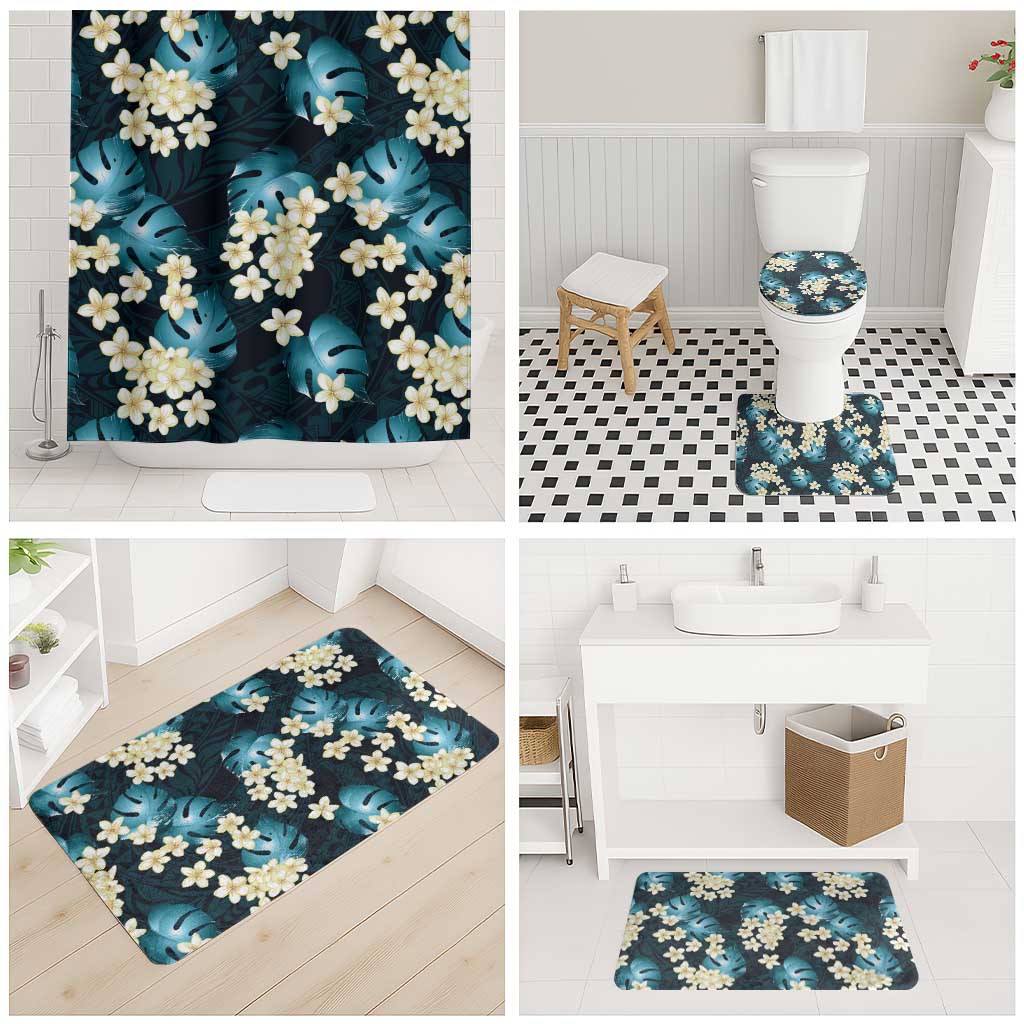 Dark Cyan Tropical Hawaii Bathroom Set Seamless Monstera Plumeria Hawaiian Pattern - Polynesian Pride