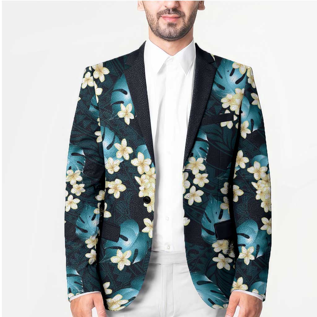 Dark Cyan Tropical Hawaii Blazer Seamless Monstera Plumeria Hawaiian Pattern - Polynesian Pride