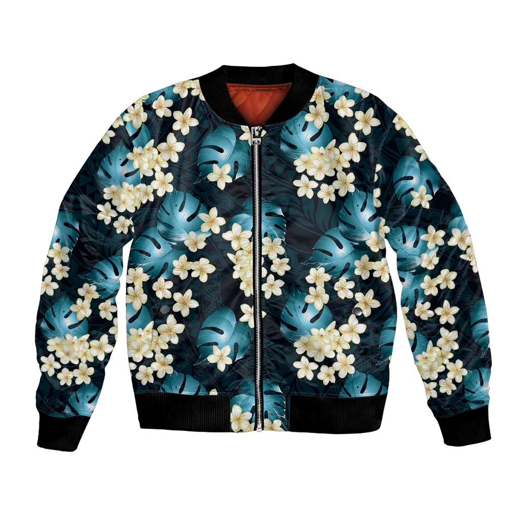 Dark Cyan Tropical Hawaii Bomber Jacket Seamless Monstera Plumeria Hawaiian Pattern - Polynesian Pride