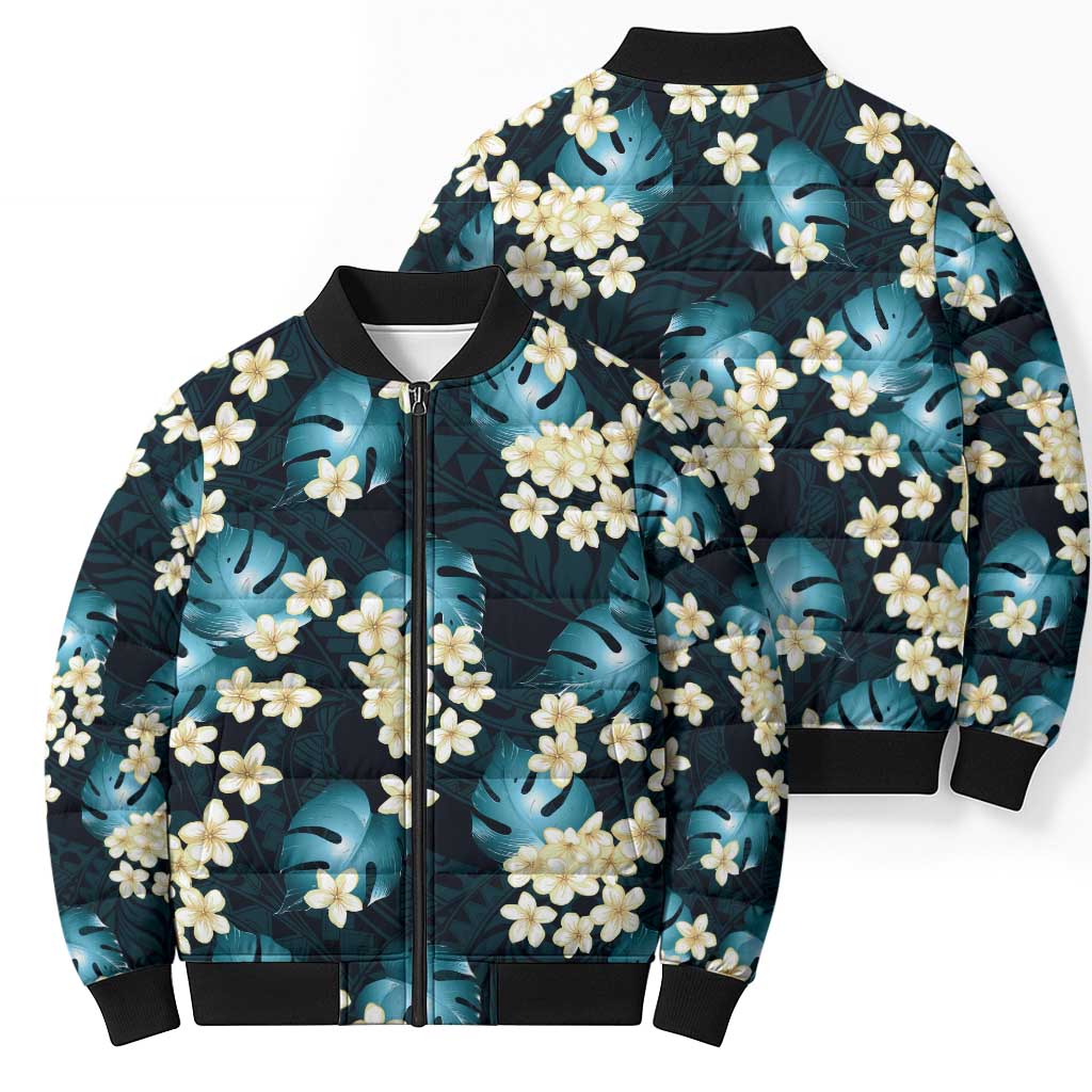 Dark Cyan Tropical Hawaii Bomber Puffer Jacket Seamless Monstera Plumeria Hawaiian Pattern LT14 - Polynesian Pride