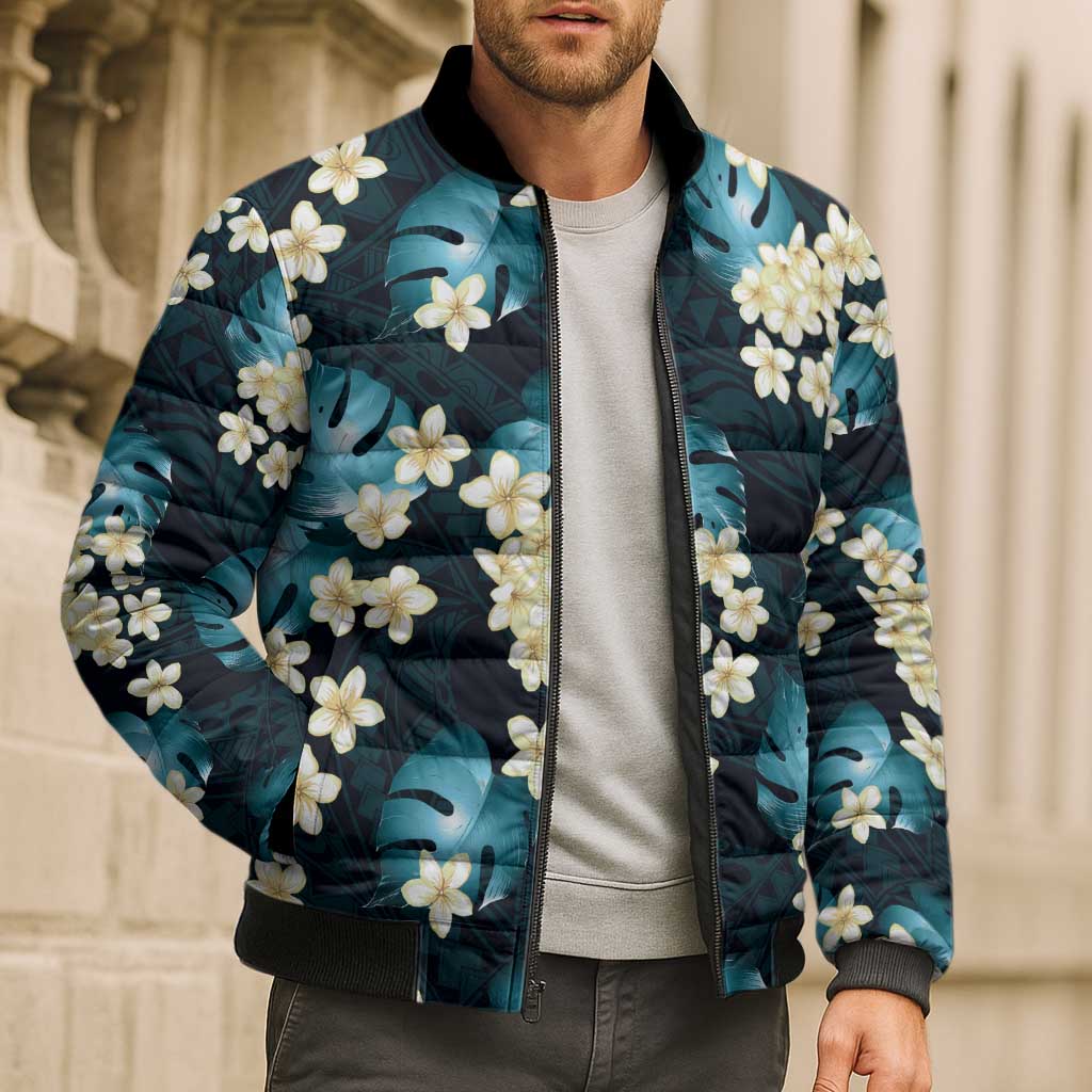 Dark Cyan Tropical Hawaii Bomber Puffer Jacket Seamless Monstera Plumeria Hawaiian Pattern LT14 - Polynesian Pride