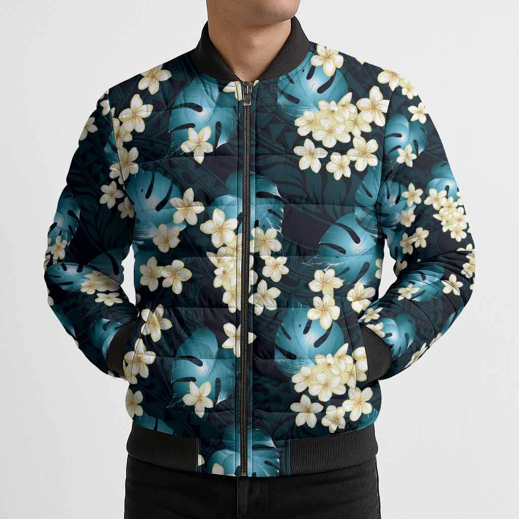 Dark Cyan Tropical Hawaii Bomber Puffer Jacket Seamless Monstera Plumeria Hawaiian Pattern LT14 - Polynesian Pride