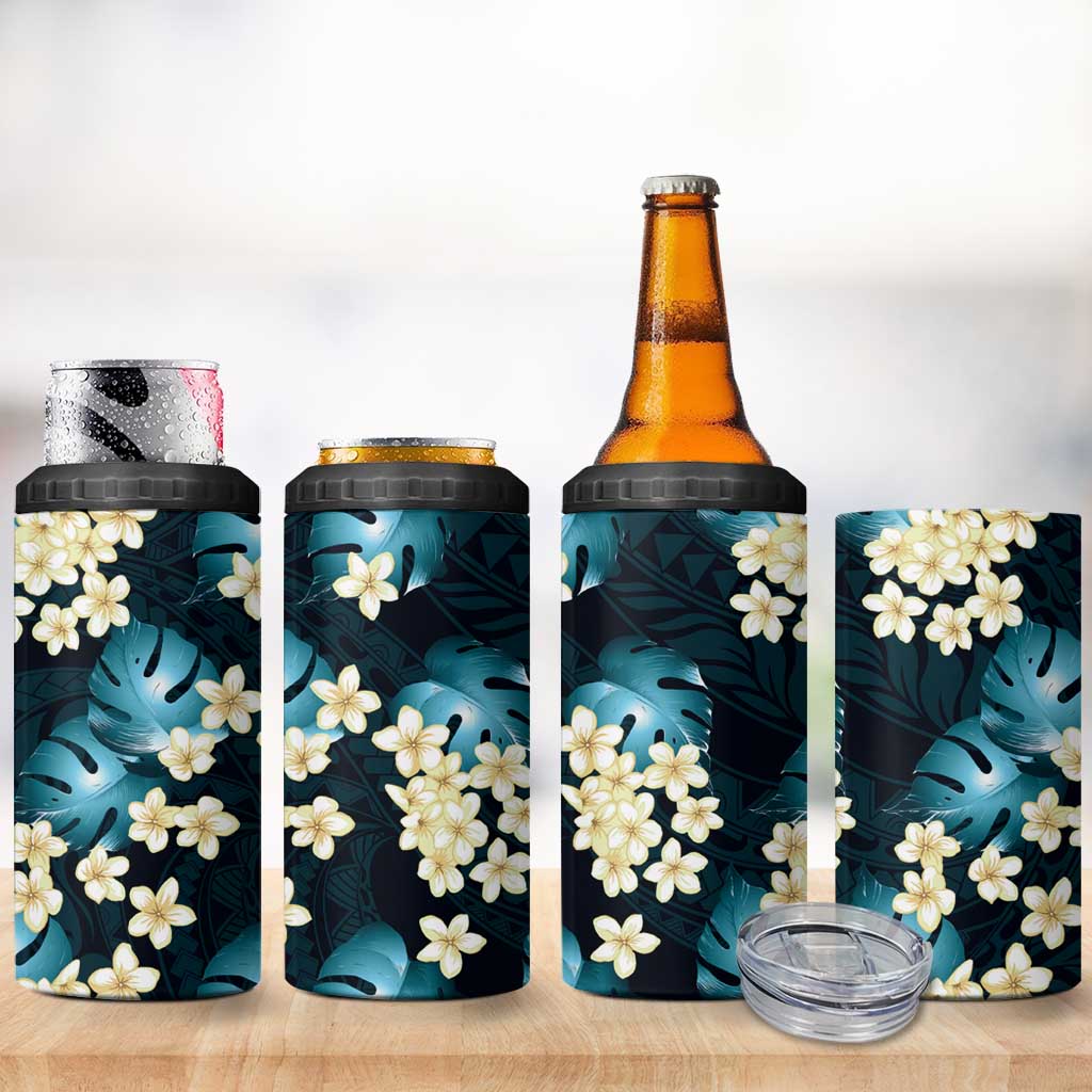 Dark Cyan Tropical Hawaii 4 in 1 Can Cooler Tumbler Seamless Monstera Plumeria Hawaiian Pattern - Polynesian Pride