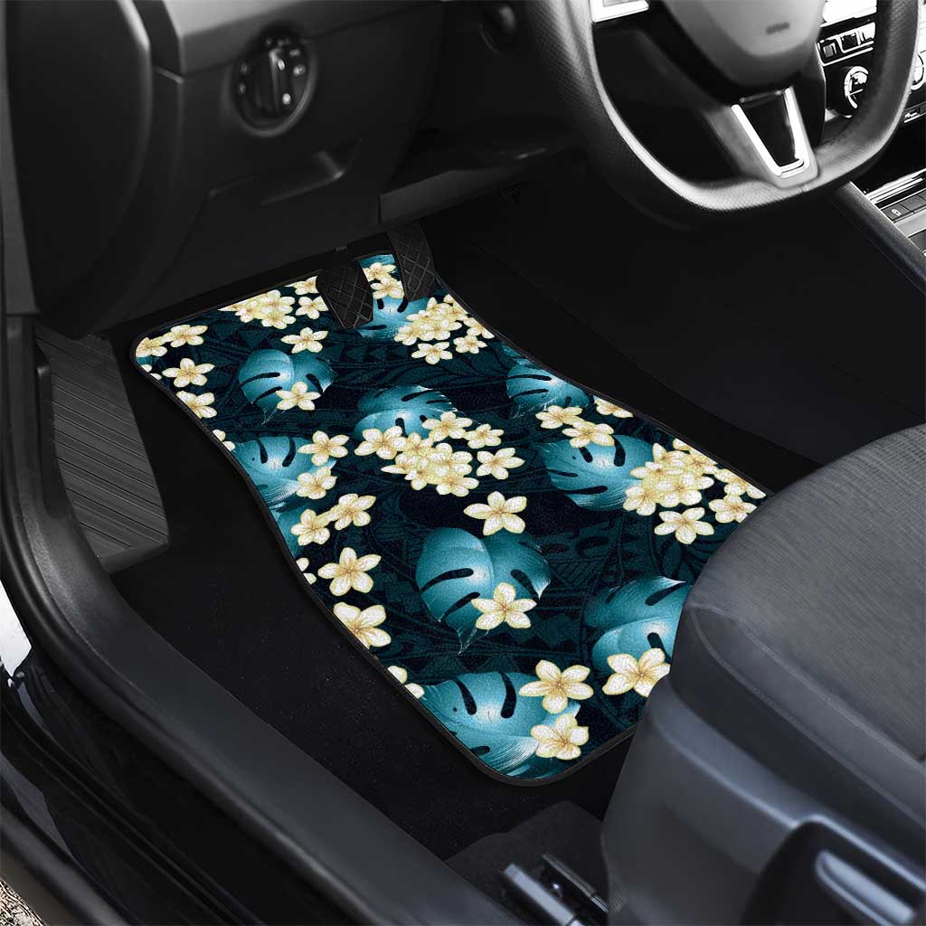 Dark Cyan Tropical Hawaii Car Mats Seamless Monstera Plumeria Hawaiian Pattern - Polynesian Pride