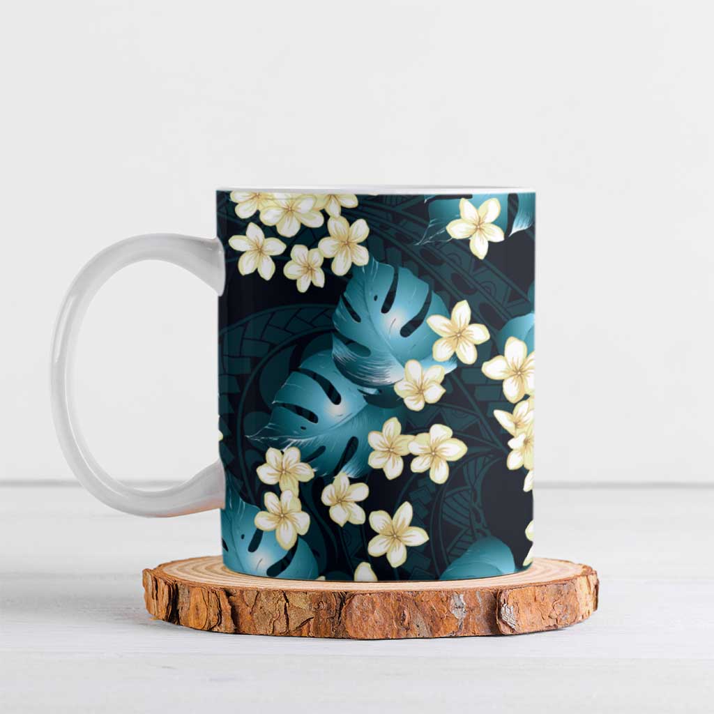 Dark Cyan Tropical Hawaii Ceramic Mug Seamless Monstera Plumeria Hawaiian Pattern - Polynesian Pride