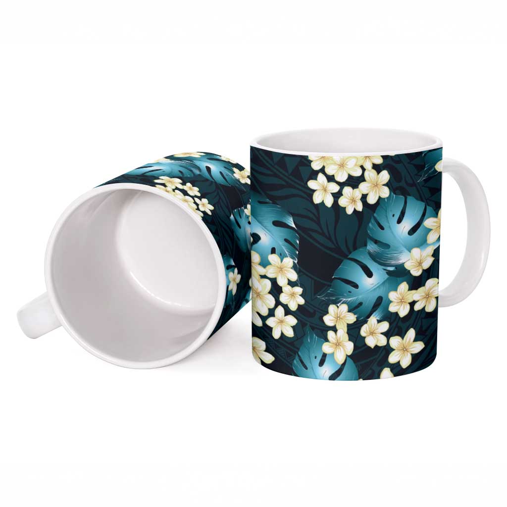 Dark Cyan Tropical Hawaii Ceramic Mug Seamless Monstera Plumeria Hawaiian Pattern - Polynesian Pride