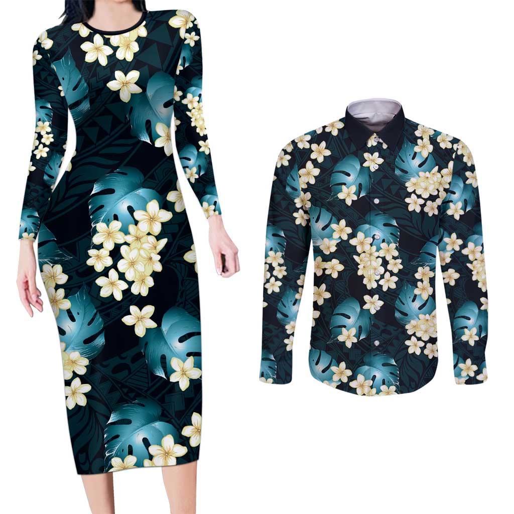 Dark Cyan Tropical Hawaii Couples Matching Long Sleeve Bodycon Dress and Long Sleeve Button Shirt Seamless Monstera Plumeria Hawaiian Pattern - Polynesian Pride