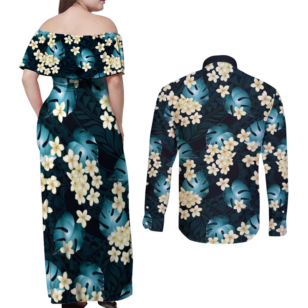 Dark Cyan Tropical Hawaii Couples Matching Off Shoulder Maxi Dress and Long Sleeve Button Shirt Seamless Monstera Plumeria Hawaiian Pattern - Polynesian Pride