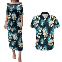 Dark Cyan Tropical Hawaii Couples Matching Puletasi and Hawaiian Shirt Seamless Monstera Plumeria Hawaiian Pattern - Polynesian Pride
