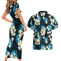Dark Cyan Tropical Hawaii Couples Matching Short Sleeve Bodycon Dress and Hawaiian Shirt Seamless Monstera Plumeria Hawaiian Pattern - Polynesian Pride