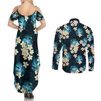 Dark Cyan Tropical Hawaii Couples Matching Summer Maxi Dress and Long Sleeve Button Shirt Seamless Monstera Plumeria Hawaiian Pattern - Polynesian Pride