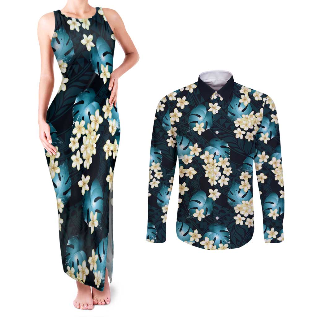 Dark Cyan Tropical Hawaii Couples Matching Tank Maxi Dress and Long Sleeve Button Shirt Seamless Monstera Plumeria Hawaiian Pattern - Polynesian Pride