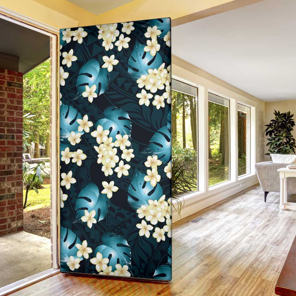 Dark Cyan Tropical Hawaii Door Cover Seamless Monstera Plumeria Hawaiian Pattern - Polynesian Pride